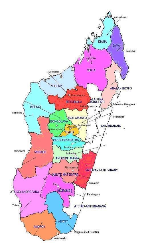 નકશો મેડાગાસ્કર ઓફ વિસ્તારો